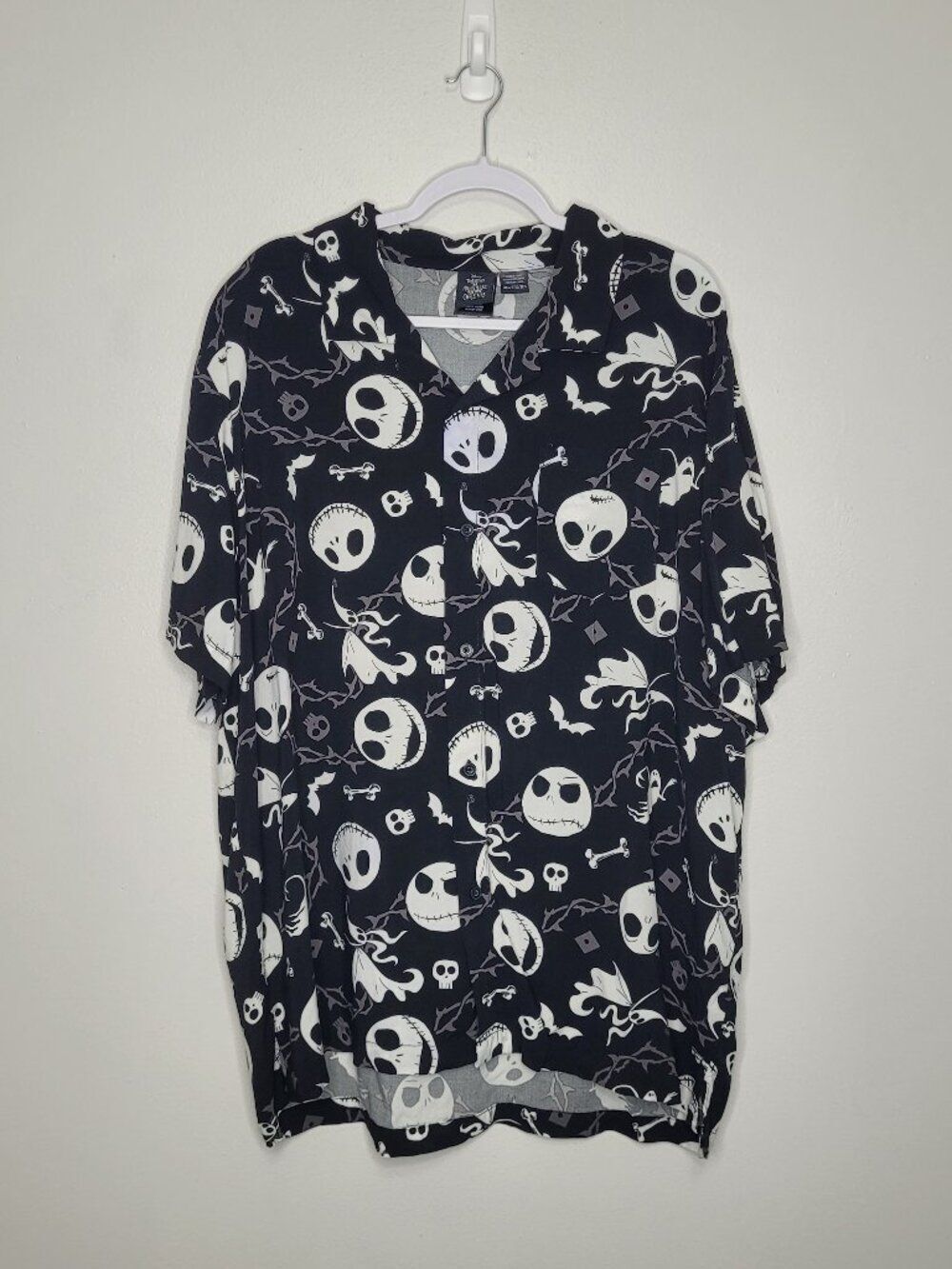 Nightmare Before Christmas black white Jack Skelington button front short sleeve